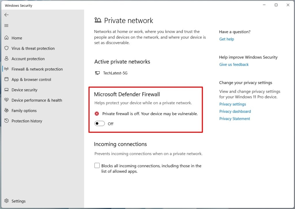 Брандмауэр Microsoft Defender — ошибка ERR_NETWORK_CHANGED
