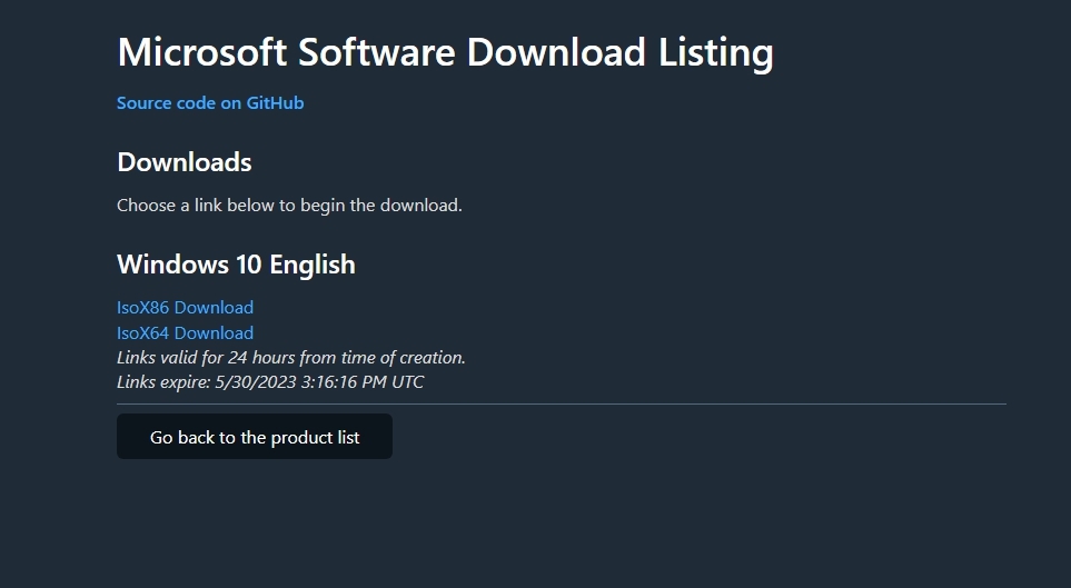 Microsoft Software Download Listing