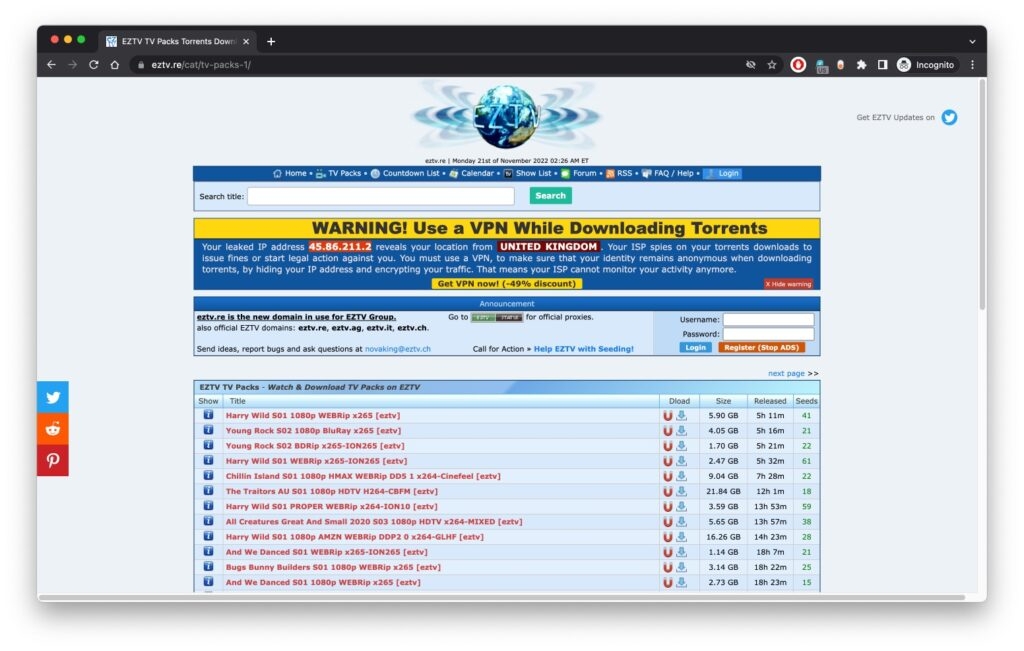 EZTV - Torrent Sites for TV Shows