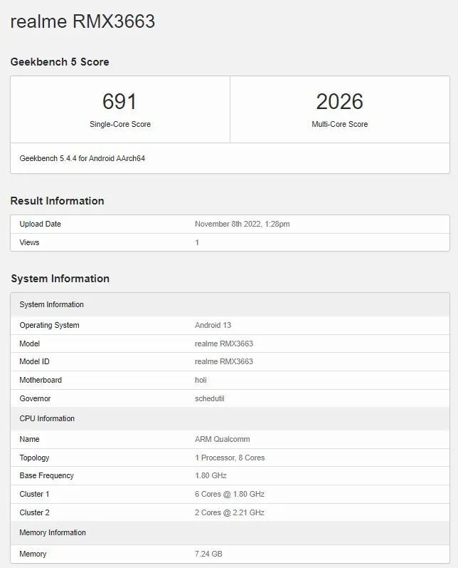 Realme 10 Pro 5G Geekbench Score