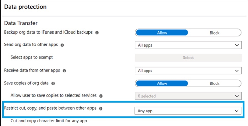 Управление политиками Microsoft Intune — сюда нельзя вставить данные вашей организации