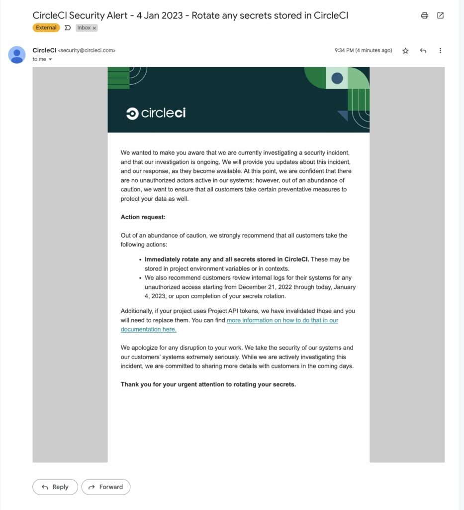 CircleCi notifying its customer about the security incident