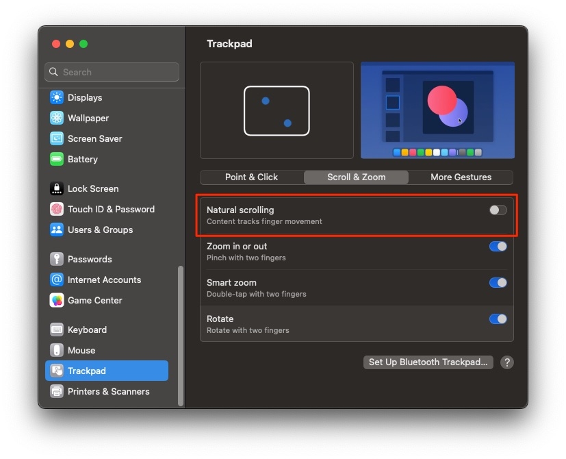 Disable Natural Scroll Direction - MacBook Trackpad Not Clicking