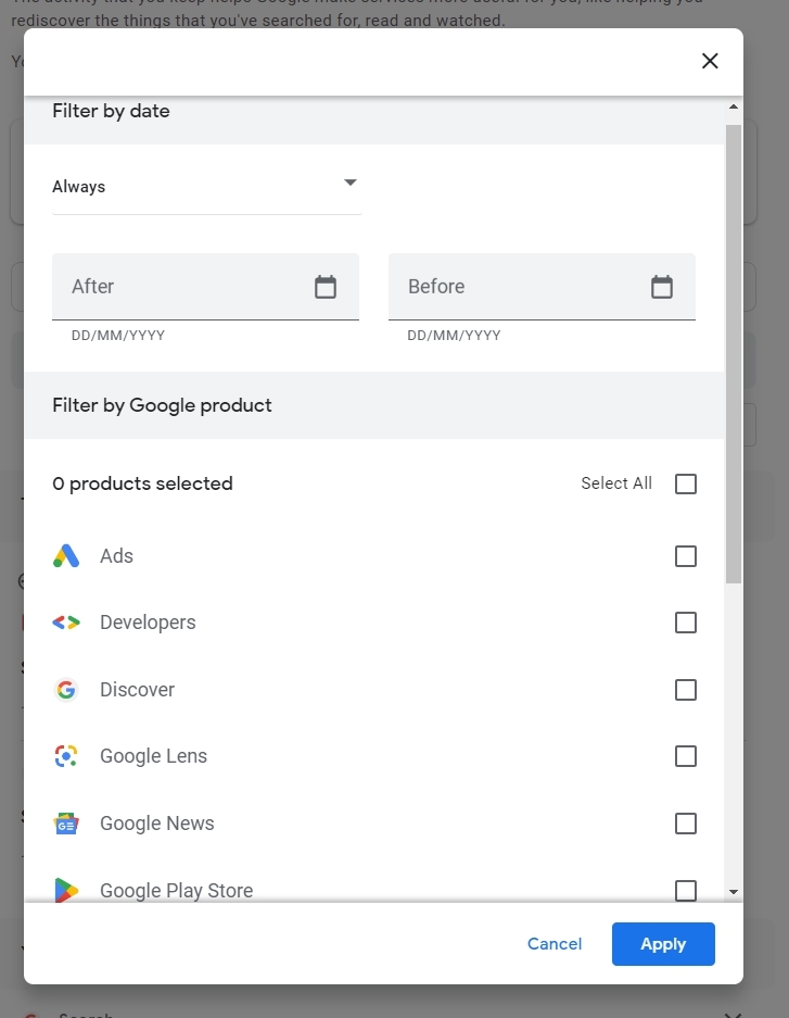 Filter by Date & Product - Google My Activity