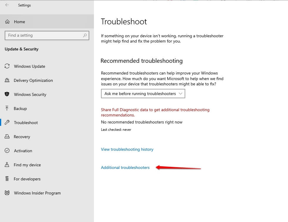 Windows Additional Troubleshooters - 0x80004005 Error Code in Windows