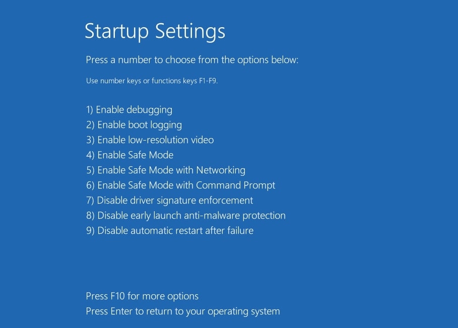 Windows Startup Settings - Error 0xc0000001 on Windows 10