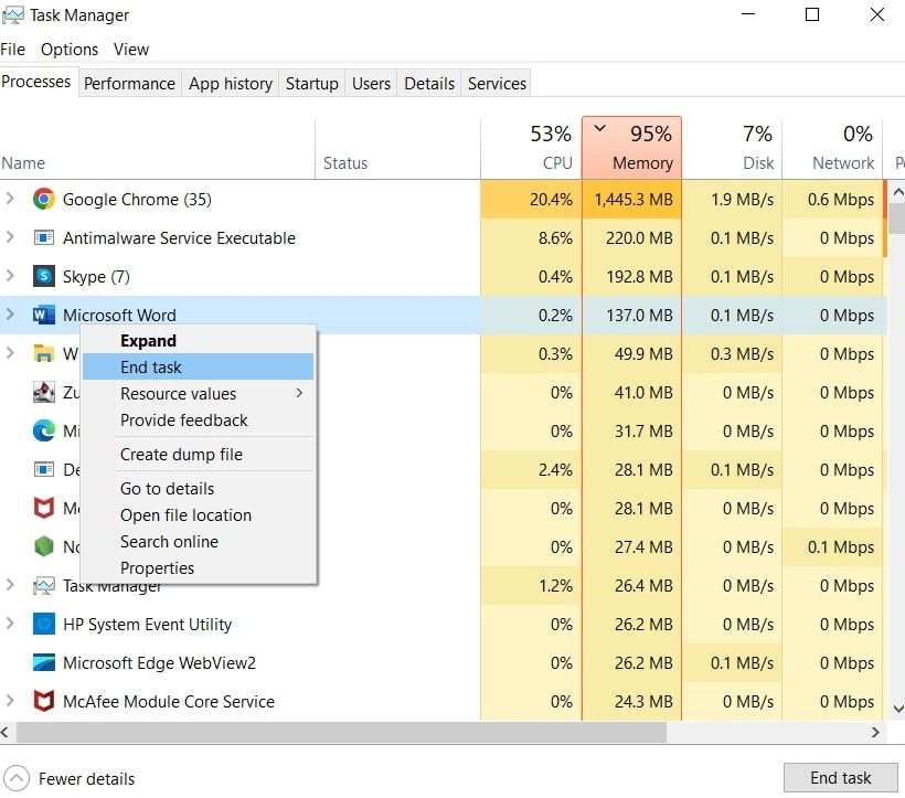 End Microsoft Word from Task Manager - The device is being used by another application