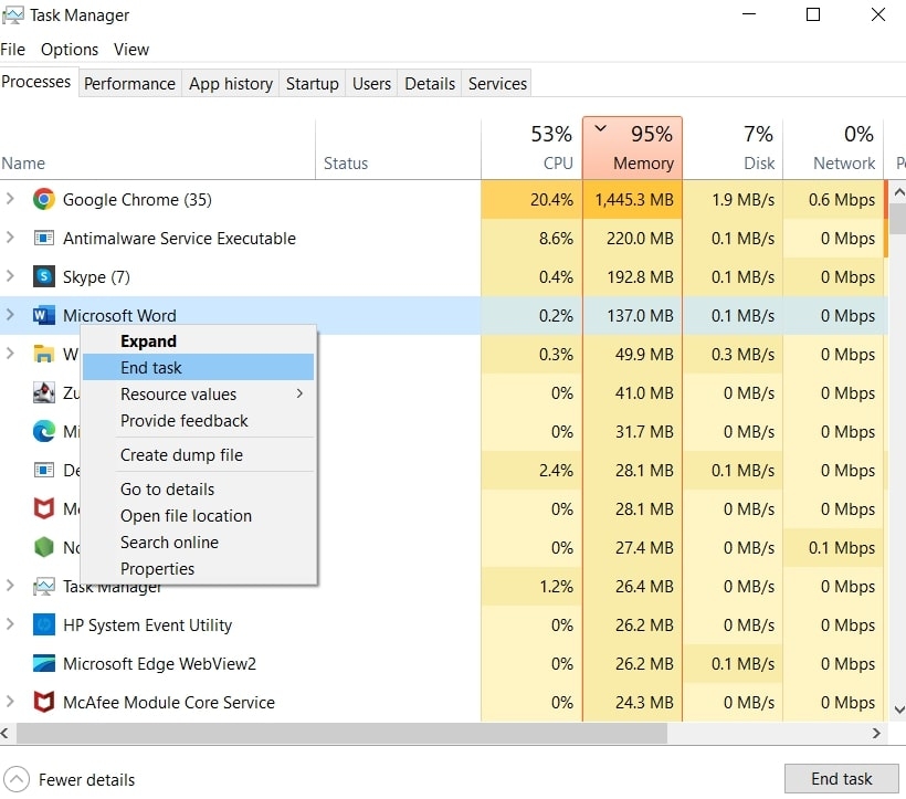 Завершить Microsoft Word из диспетчера задач — ошибка Word 0x88ffc009 в Windows 10/11