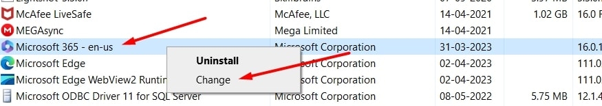 Изменить Microsoft Office — ошибка Word 0x88ffc009 в Windows 10/11