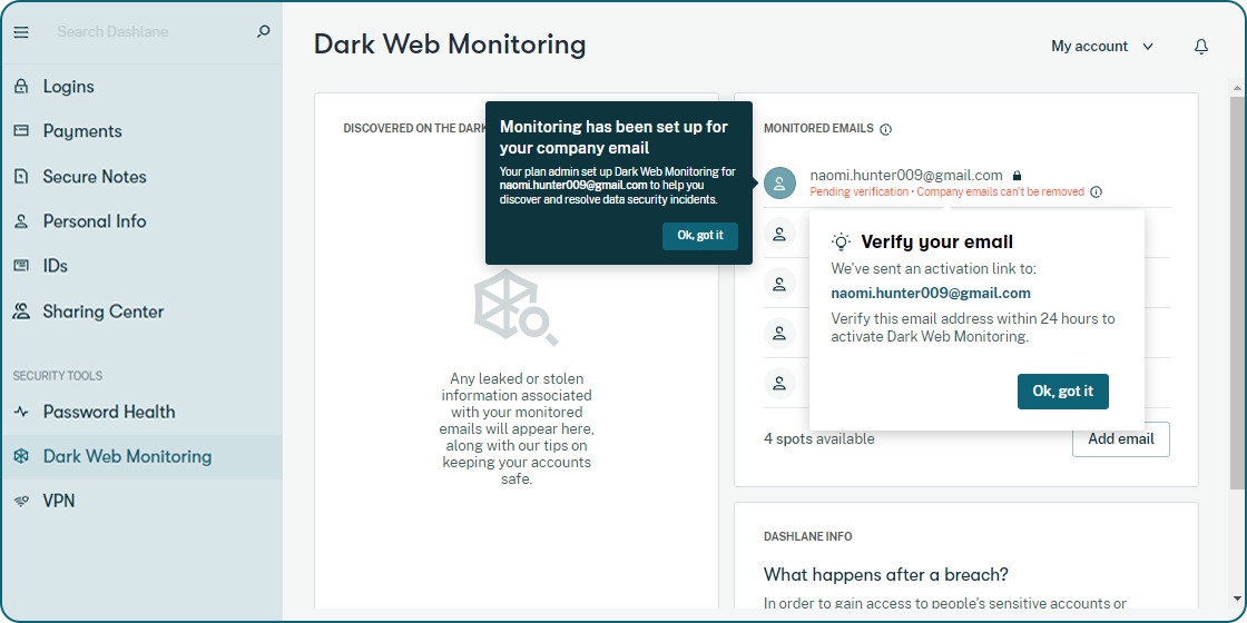 Dashlane Dark Web Monitoring Feature - Dashlane Review