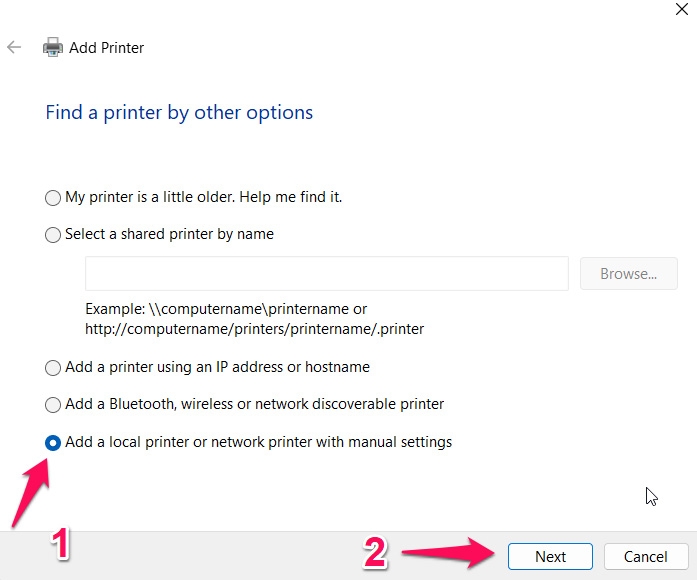 Manually install the printer via the local Port - Operation Failed 0x0000011B