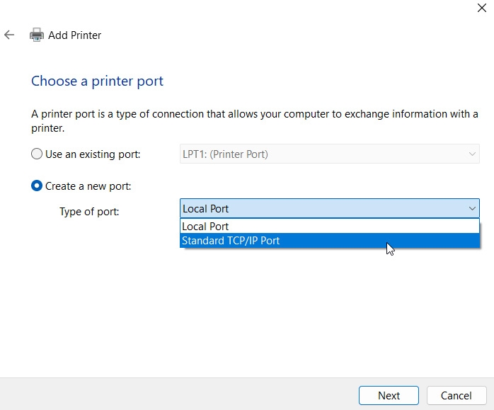 Manually install the printer via the local Port - Operation Failed 0x0000011B