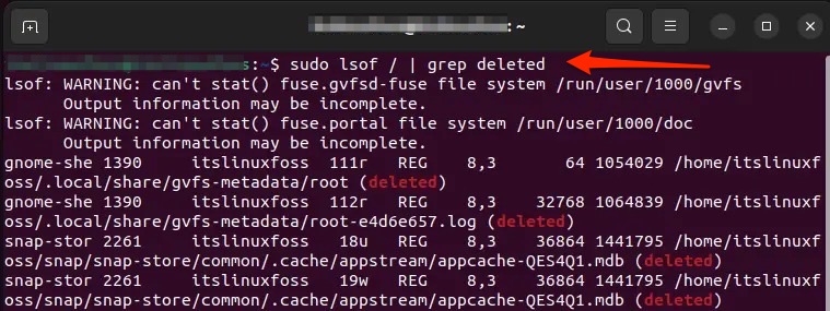 sudo lsof / | grep deleted - No Space Left on Device Error in Linux