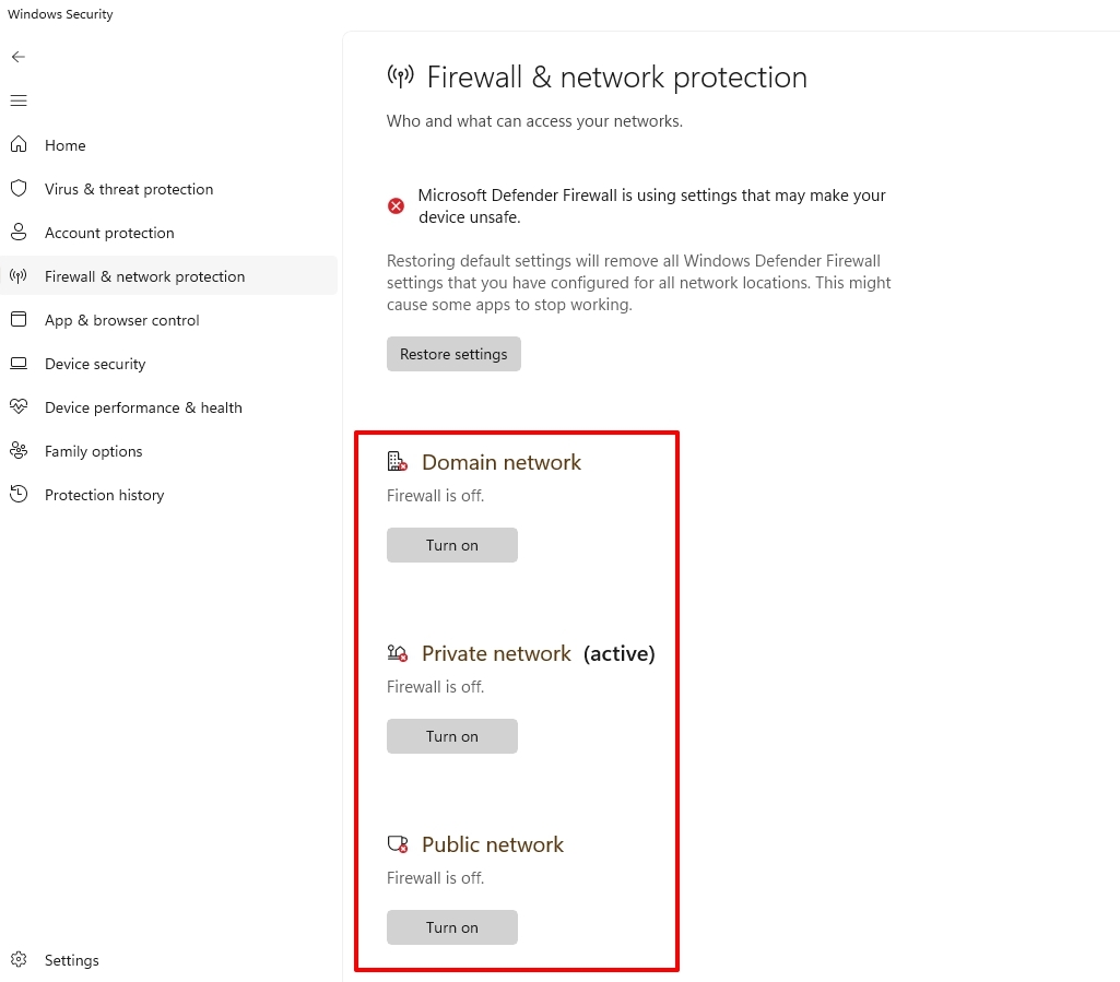 Turn Off All Network Protection - 0x80004005 Error Code in Windows