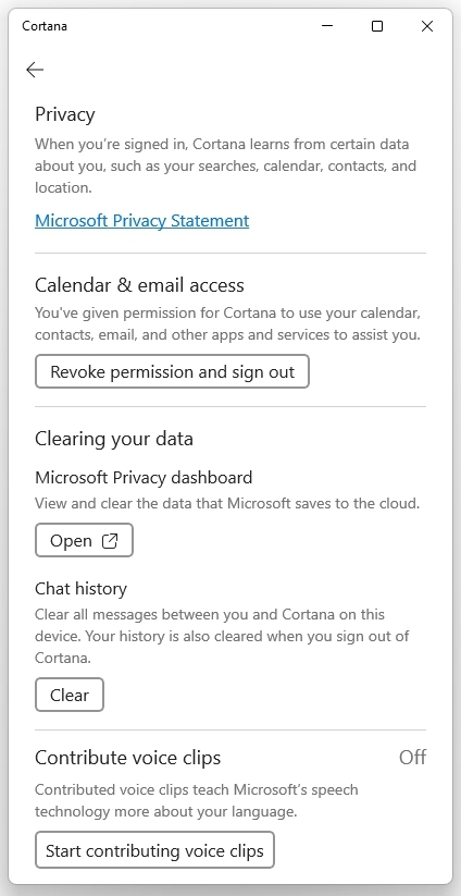 Cortana Privacy Settings