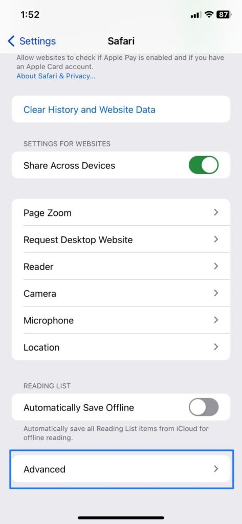 Настройки Safari — iPhone не будет открывать определенные сайты