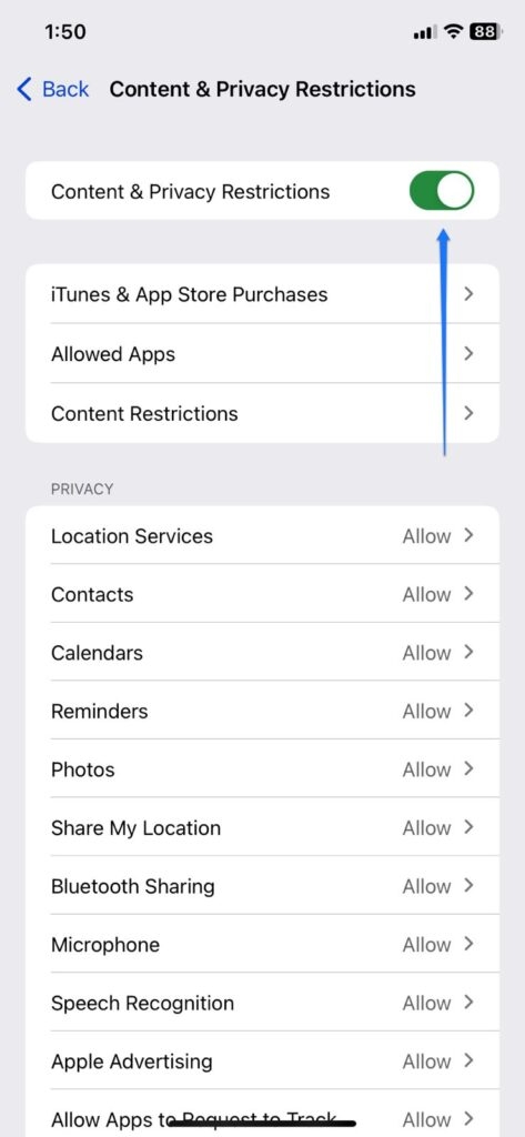 Отключите ограничения контента и конфиденциальности — iPhone не получит доступ к определенным сайтам