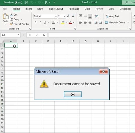 The document cannot be saved Error in Excel