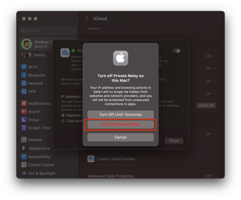 Turn Off Private Relay - Safari Can't Establish a Secure Connection Error