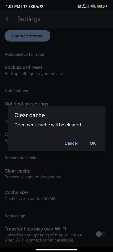Confirm Clear Cache - Clear Google Drive Cache