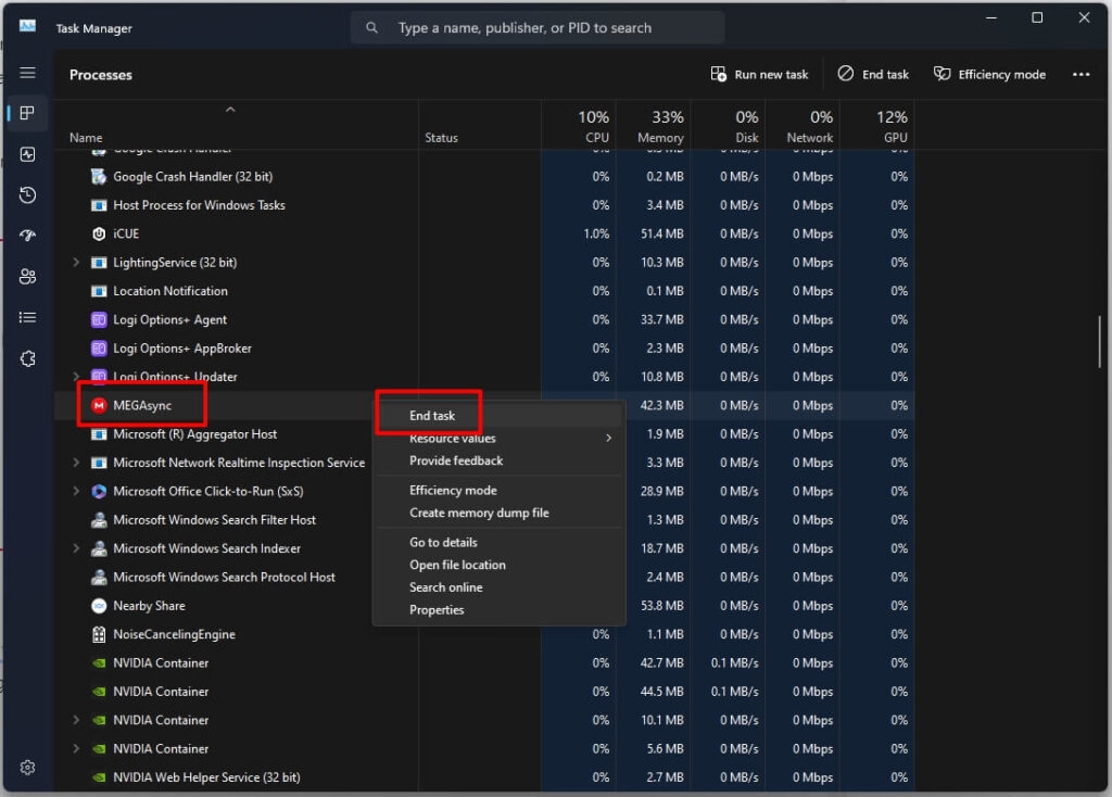 End MegaSync From Task Manager