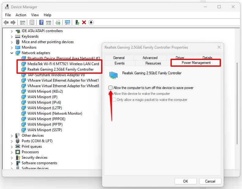 Change Network Adapter Power Management Settings