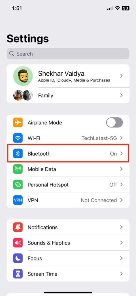 Bluetooth Settings in iPhone - Remove AirPods From Apple ID