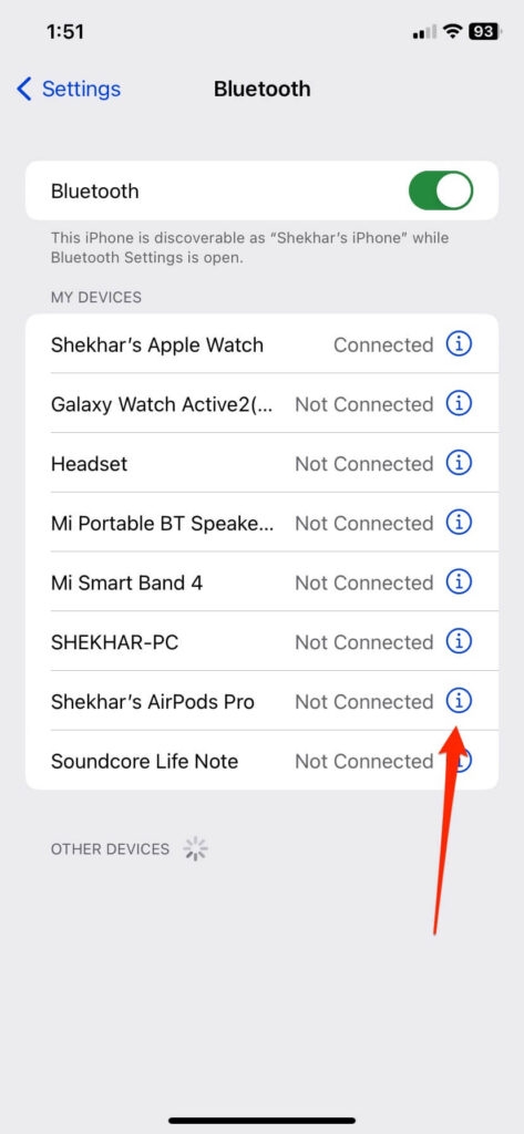Настройки Bluetooth в iPhone — удалить AirPods из Apple ID