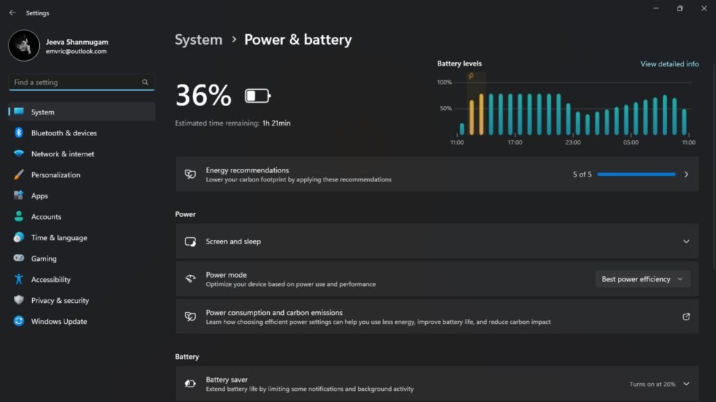 Estatísticas da bateria do Windows 11
