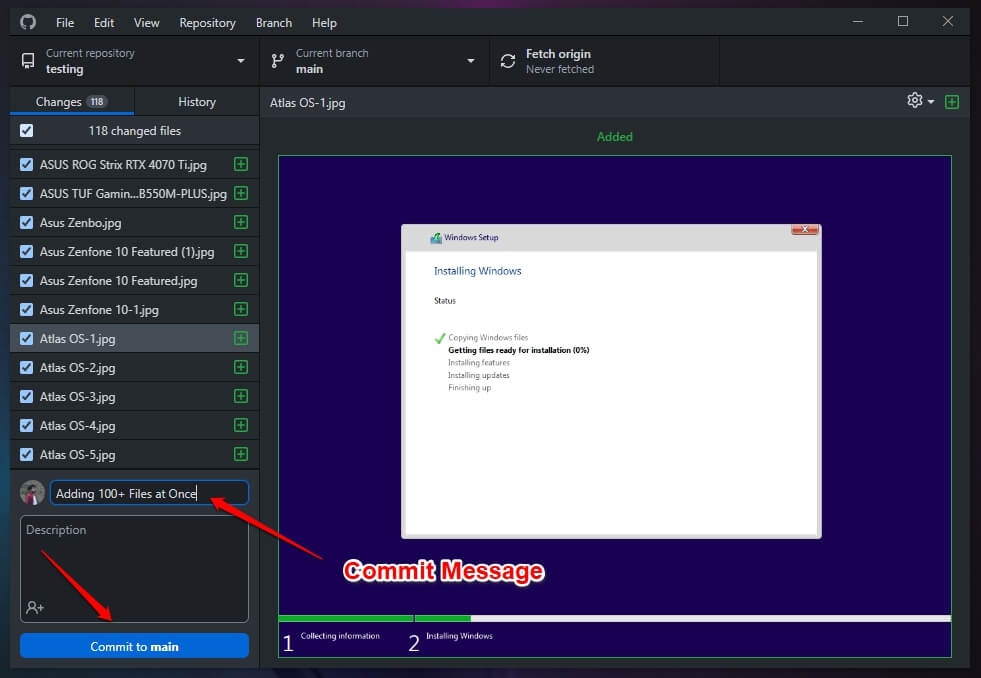 Enter Commit Message and Commit to main - Upload More Than 100 Files to GitHub