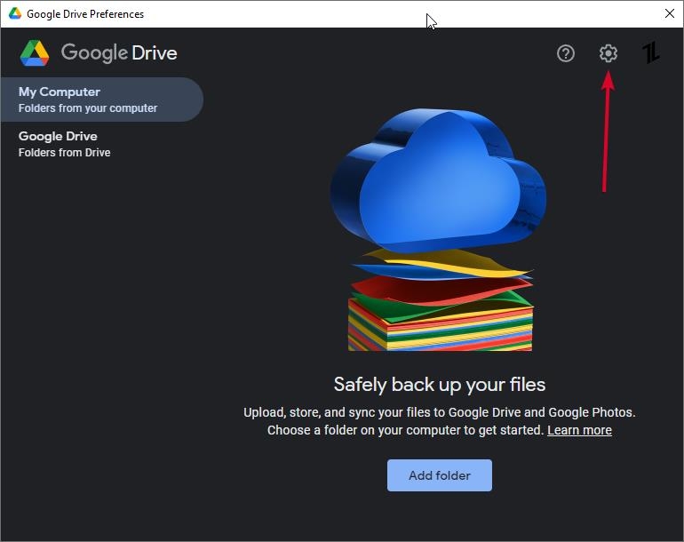 Ícone de engrenagem do Google Drive - erro 'Não é possível iniciar o Drive para computador'