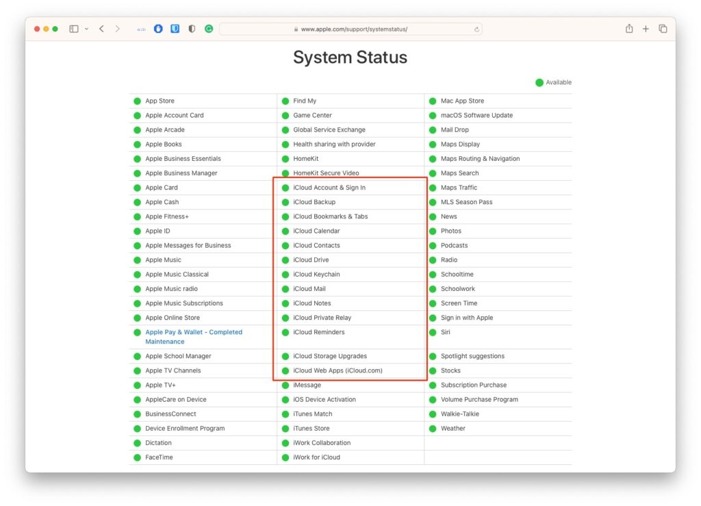 Состояние системы iCloud — ошибка при подключении к iCloud на Mac