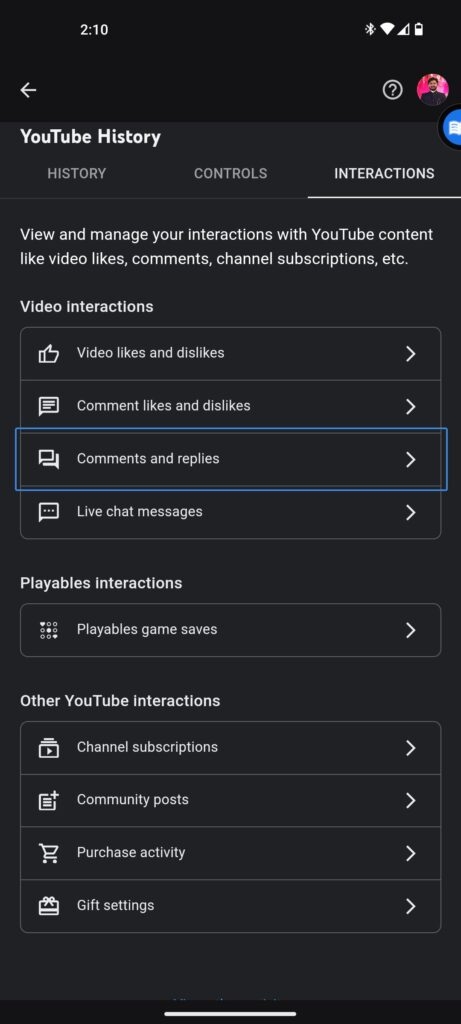 YouTube Comment History Android