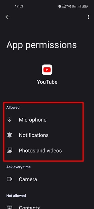 Grant Required Permissions to the YouTube App - YouTube App Crashing
