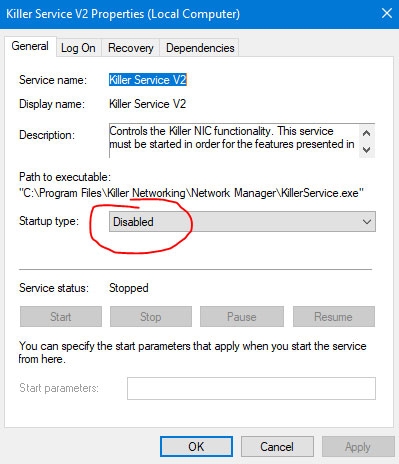 Отключение сетевой службы Killer