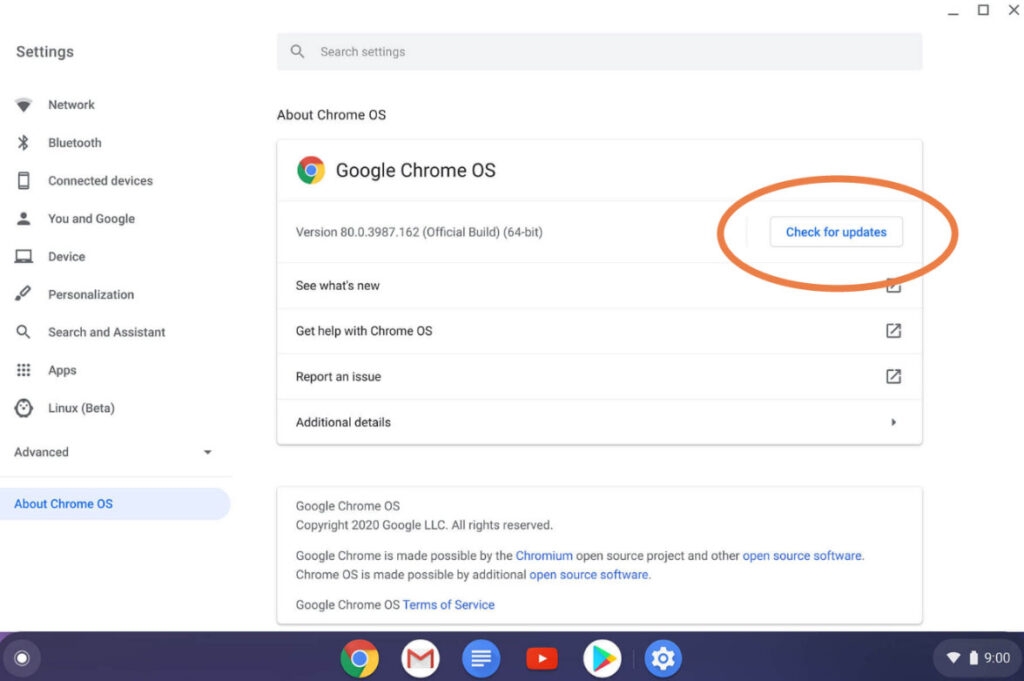 Обновите Chrome OS — ошибка «Сеть недоступна» на Chromebook