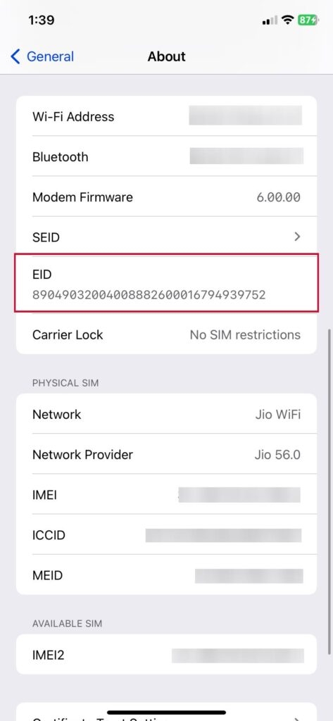 Общие настройки iPhone - О программе - Номер EID для eSIM