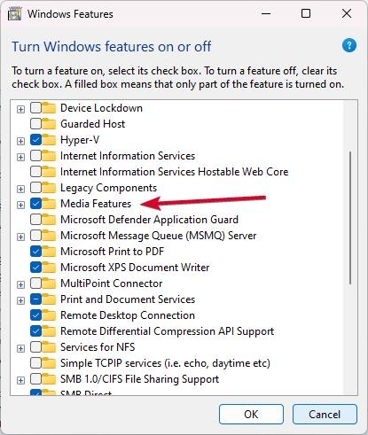 Включение и выключение функций Windows