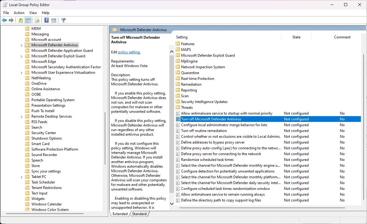 Turn Off Windows Defender Antivirus via Group Policy Editor - Antimalware Service Executable High CPU Usage