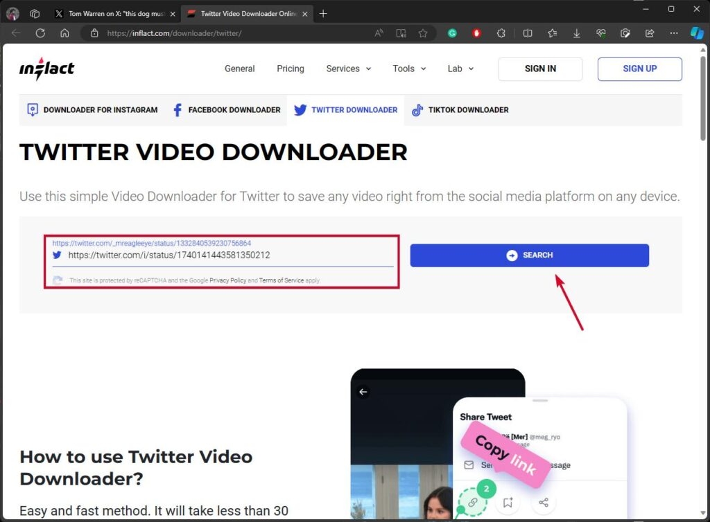 Paste the URL into Inflact's Twitter Video Downloader.