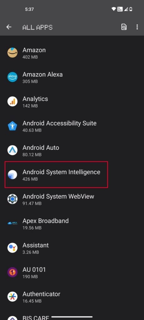 Settings All Apps - Android System Intelligence