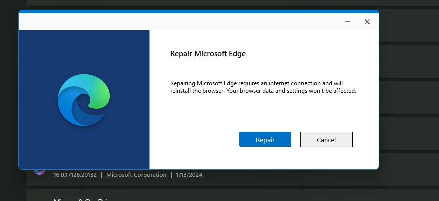 Repair the Edge Installation - Microsoft Edge Not Responding