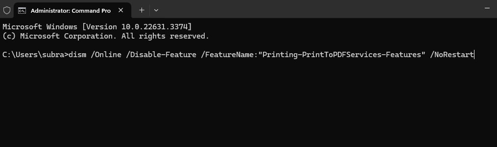 Отключить/включить функцию печати в PDF через командную строку — Microsoft Print to PDF отсутствует