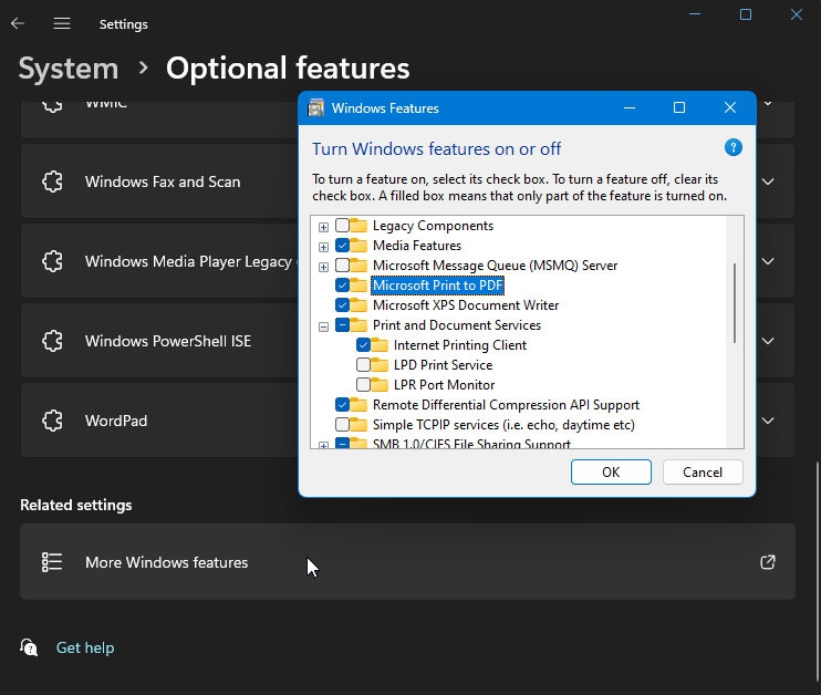 Add Print to PDF Via Windows Features Dialog - Microsoft Print to PDF Missing