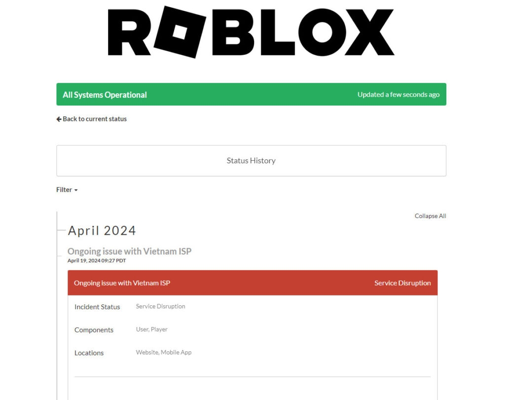 Проверьте статус сервера Roblox