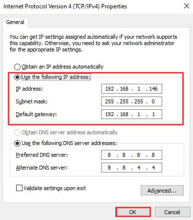 Установите свой IP-адрес вручную