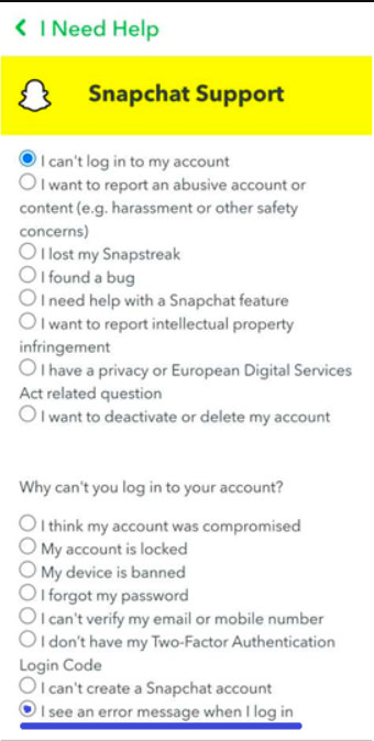 Свяжитесь со службой поддержки Snapchat — код поддержки Snapchat C14A