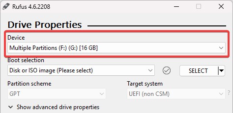 Select USB Drive Rufus - Windows 11 24H2 on unsupported PC