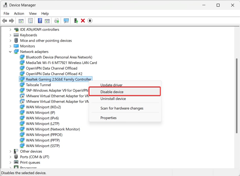 Disable Network Driver - This Device Cannot Start. Code 10