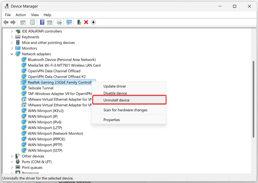 Uninstall Network Driver - This Device Cannot Start. Code 10